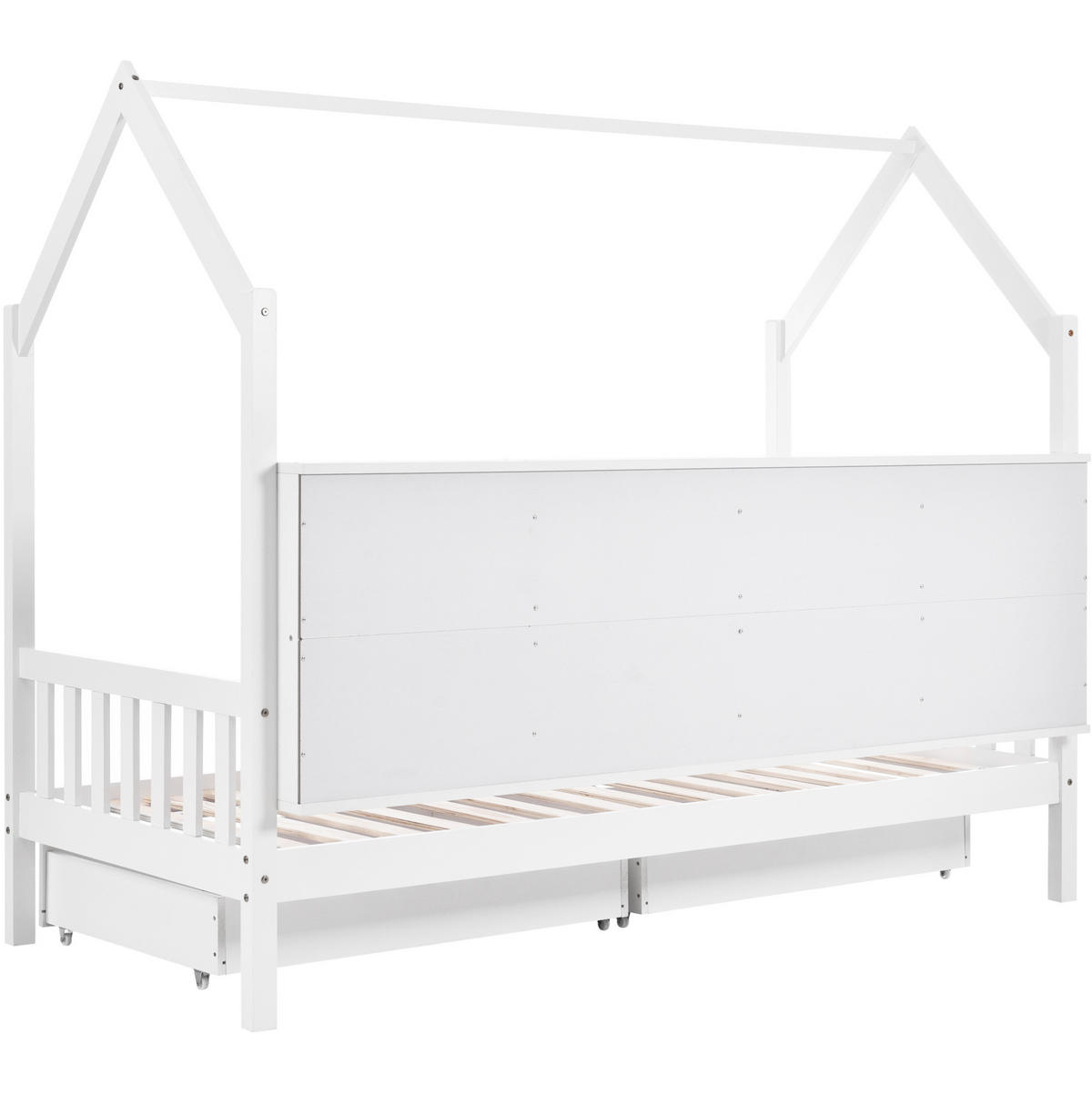 HAUSBETT 90/200 cm in Weiß – aus Kiefer massiv mit Stauraum und Regal - Weiß, Holz (90/200cm) - BEAOK