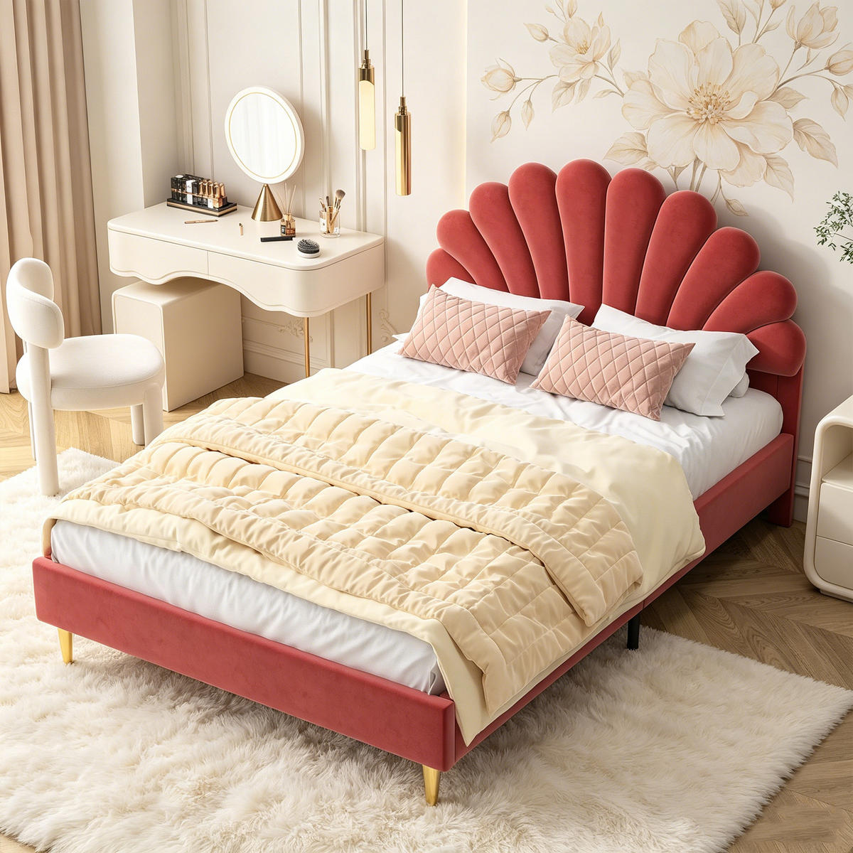 POLSTERBETT 140 x 200, Kinderbett mit Lattenrost, Blütenblattförmiges Kopfteil, Samt, rot - Rot, Holzwerkstoff/Textil (140/200cm) - GENKI LIVING