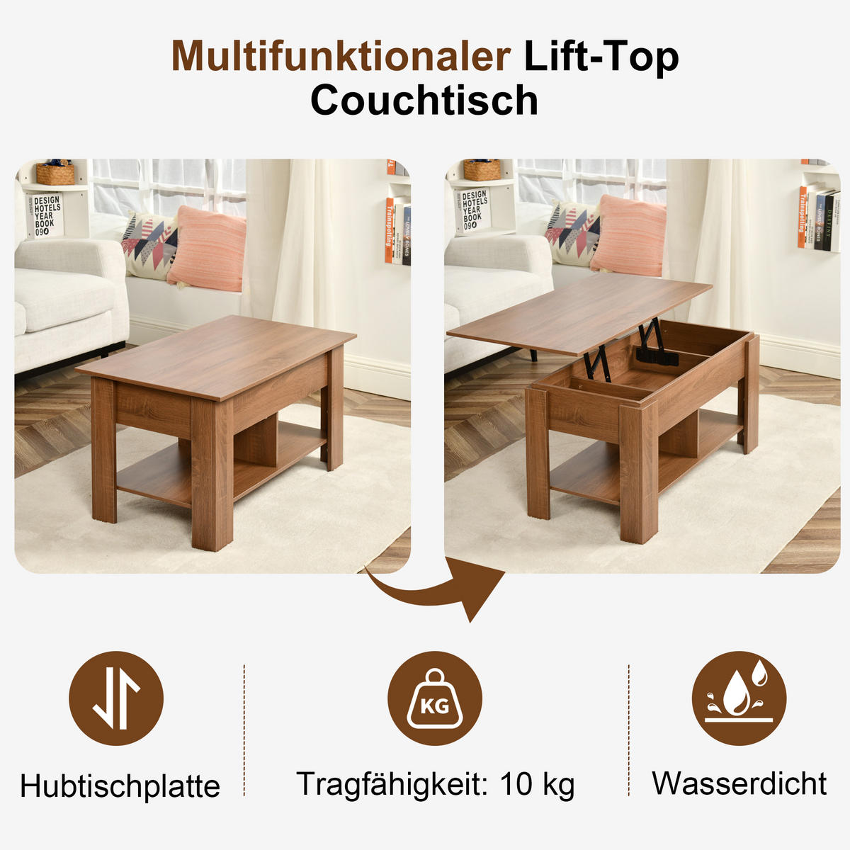 COUCHTISCH mit Lift-Top, Stauraum und Ablagefach, Eiche Optik - Braun, Holz (96/50/47cm) - Urban Meuble