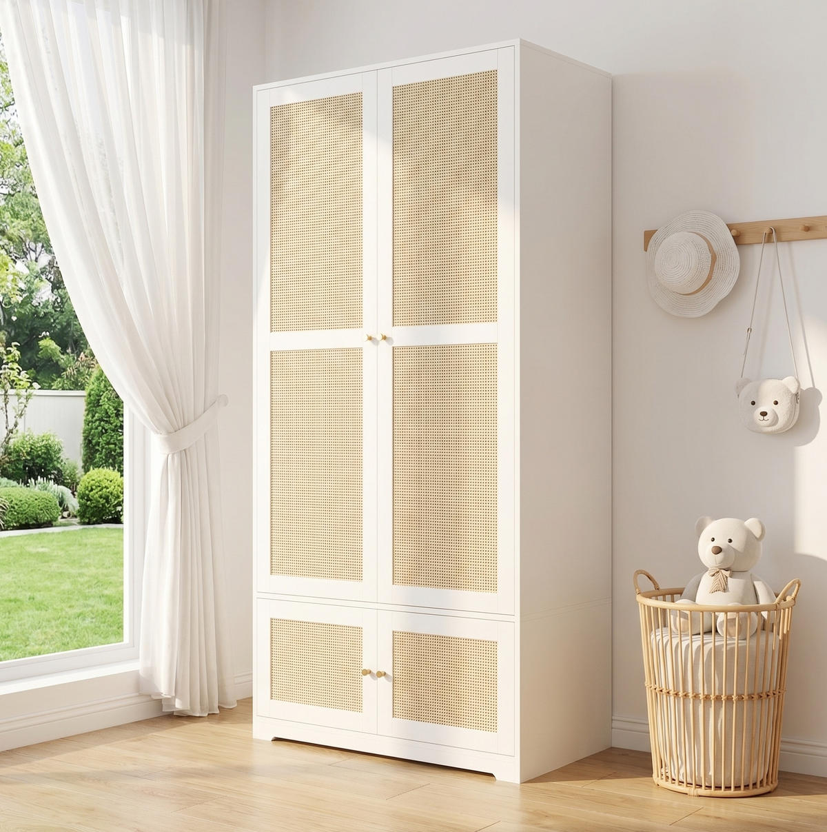 KLEIDERSCHRANK aus MDF 90x48x180 cm Weiß mit Rattantüren, Kleiderstange und Einlegeböden - Weiß, Holzwerkstoff (90/180/48cm) - Modfu