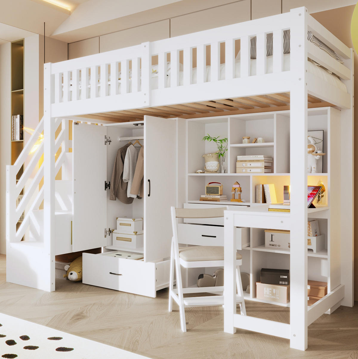 HOCHBETT 90/200 cm mit Schreibtisch, Ablageleiter, Kleiderschrank und Schubladen aus Kiefernholz, Weiß - Weiß, Holz (90/200cm) - Redom