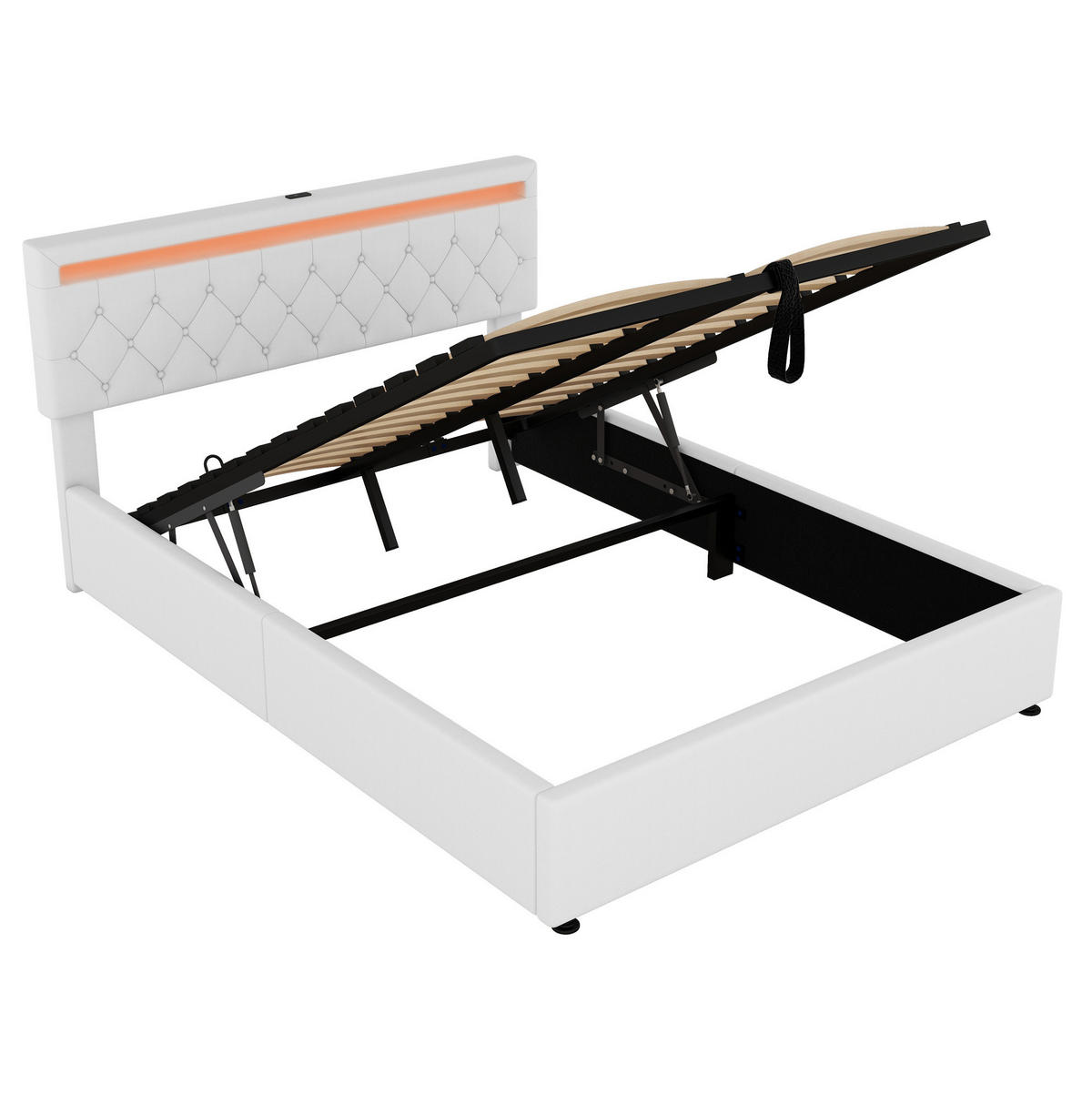 POLSTERBETT 160/200 cm mit LED-Beleuchtung, USB- und USB-C-Anschluss, hydraulischem Stauraum, Leinen, Weiß - Weiß, Textil (160/200cm) - Redom