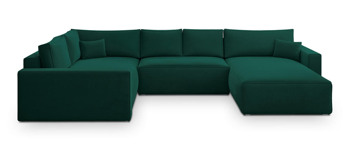 WOHNLANDSCHAFT VELAMI L-S Grün Velours-Stoff mit Schlaffunktion - Grün, Holz (365/83/194cm) - MASSENO