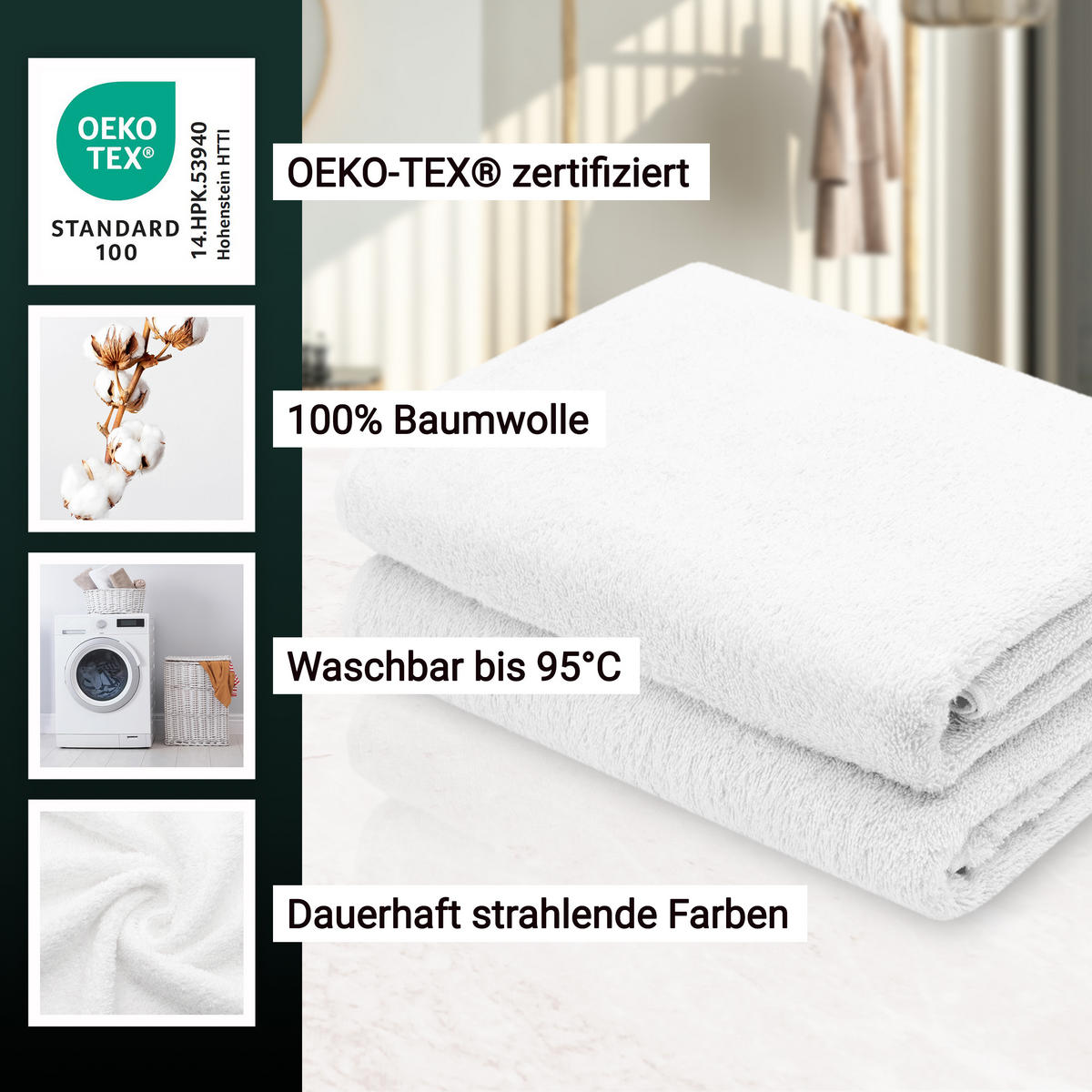 DUSCHTÜCHER, 2er-Set, 70x140 cm, 100% Baumwolle, Weiß - Weiß, Textil (70/140cm) - Zollner