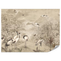 FOTOTAPETE für Schlafzimmer Retro Kraniche Wald Bäume Vögel 350x256 - Beige/Rot, Papier (350/256cm) - Muralo