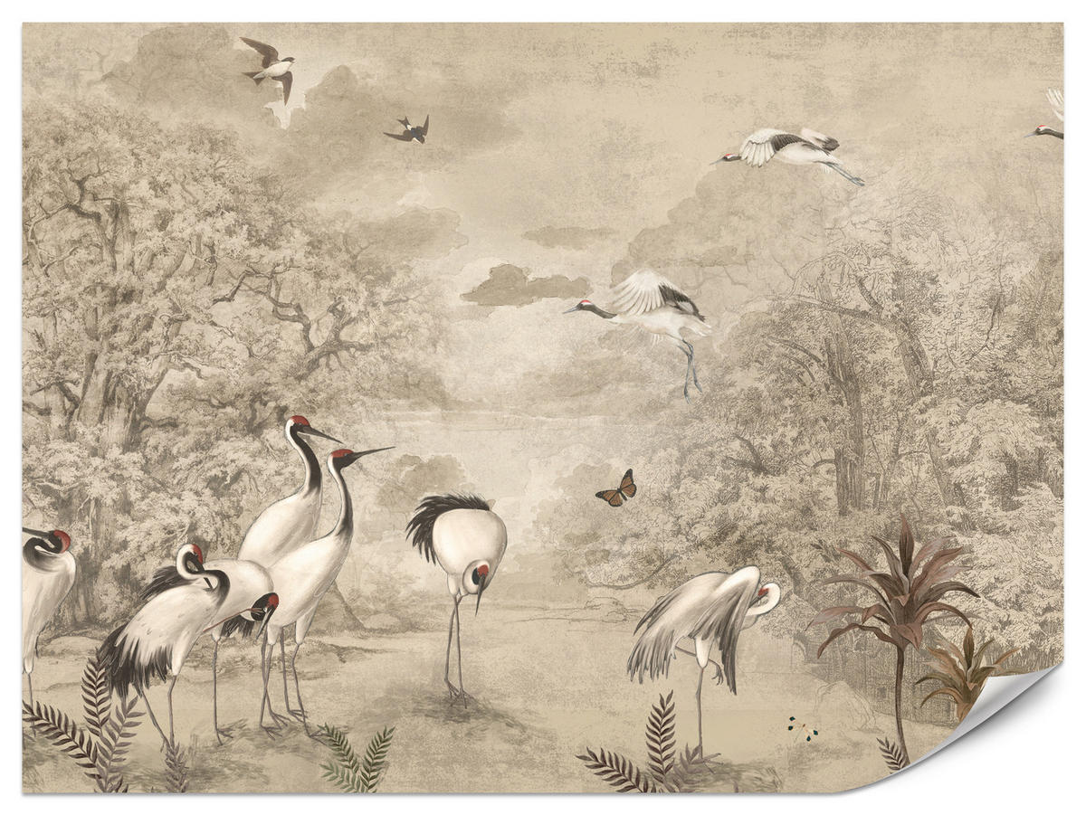 FOTOTAPETE für Schlafzimmer Retro Kraniche Wald Bäume Vögel 350x256 - Beige/Rot, Papier (350/256cm) - Muralo