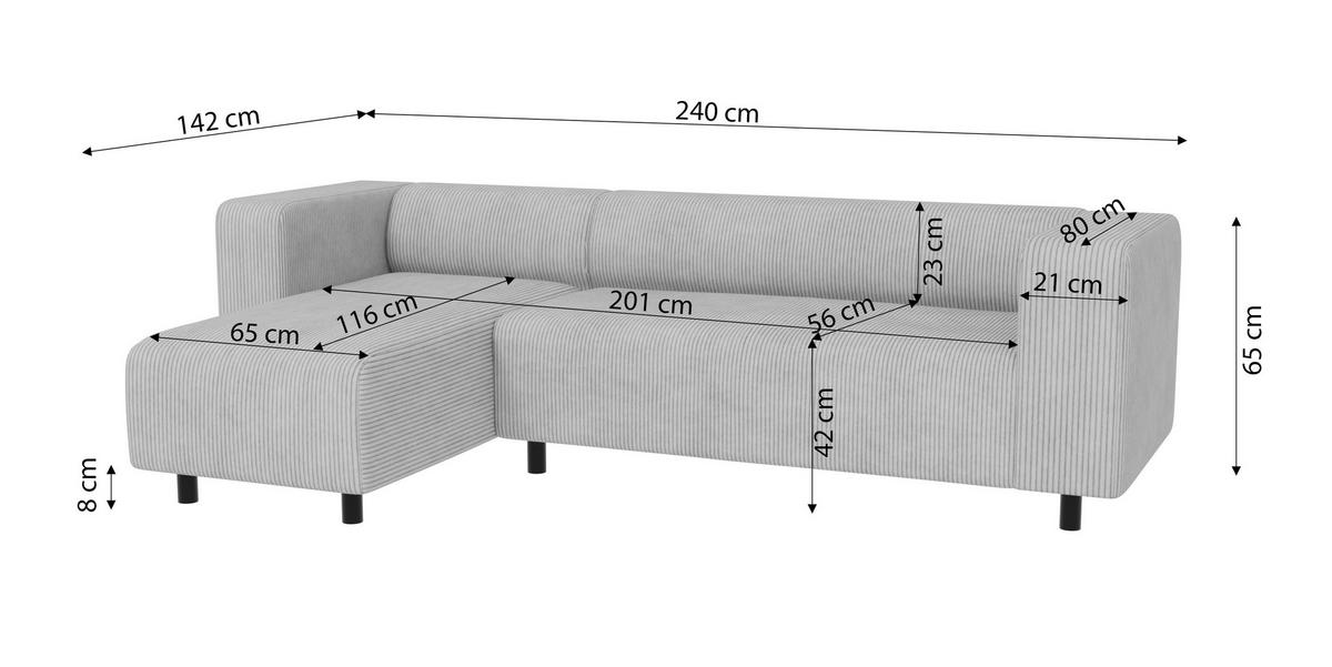ECKSOFA Tove Hellgrau Cord - Ottomane links - Hellgrau/Schwarz, Holz/Kunststoff (240/142cm) - S-Style Möbel