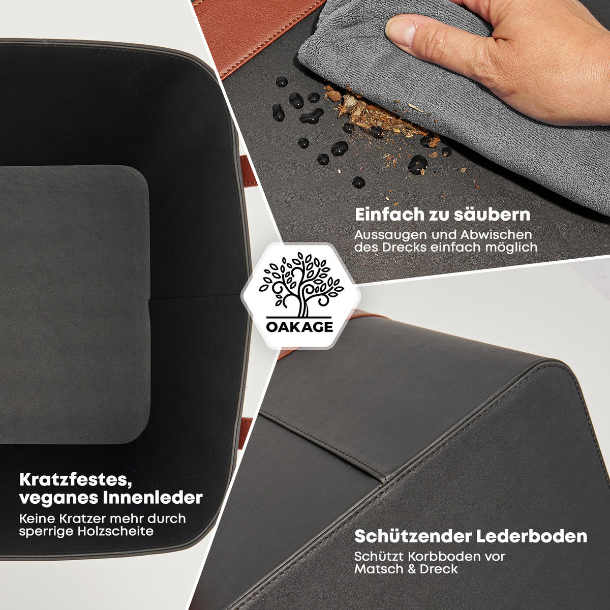 KAMINHOLZKORB LuxeLeather Duo 2er-Set veganes Leder mit ausreißsicheren Holzgriffen 50/40/35 cm - Schwarz, Kunststoff (40/35/50cm) - OAKAGE