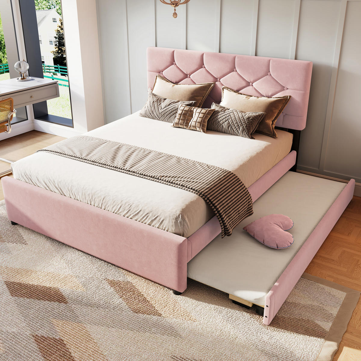 POLSTERBETT aus Samt 140x200 cm in Rosa mit Rollbett & Lattenrost - Rosa, Textil (140/200cm) - Modfu