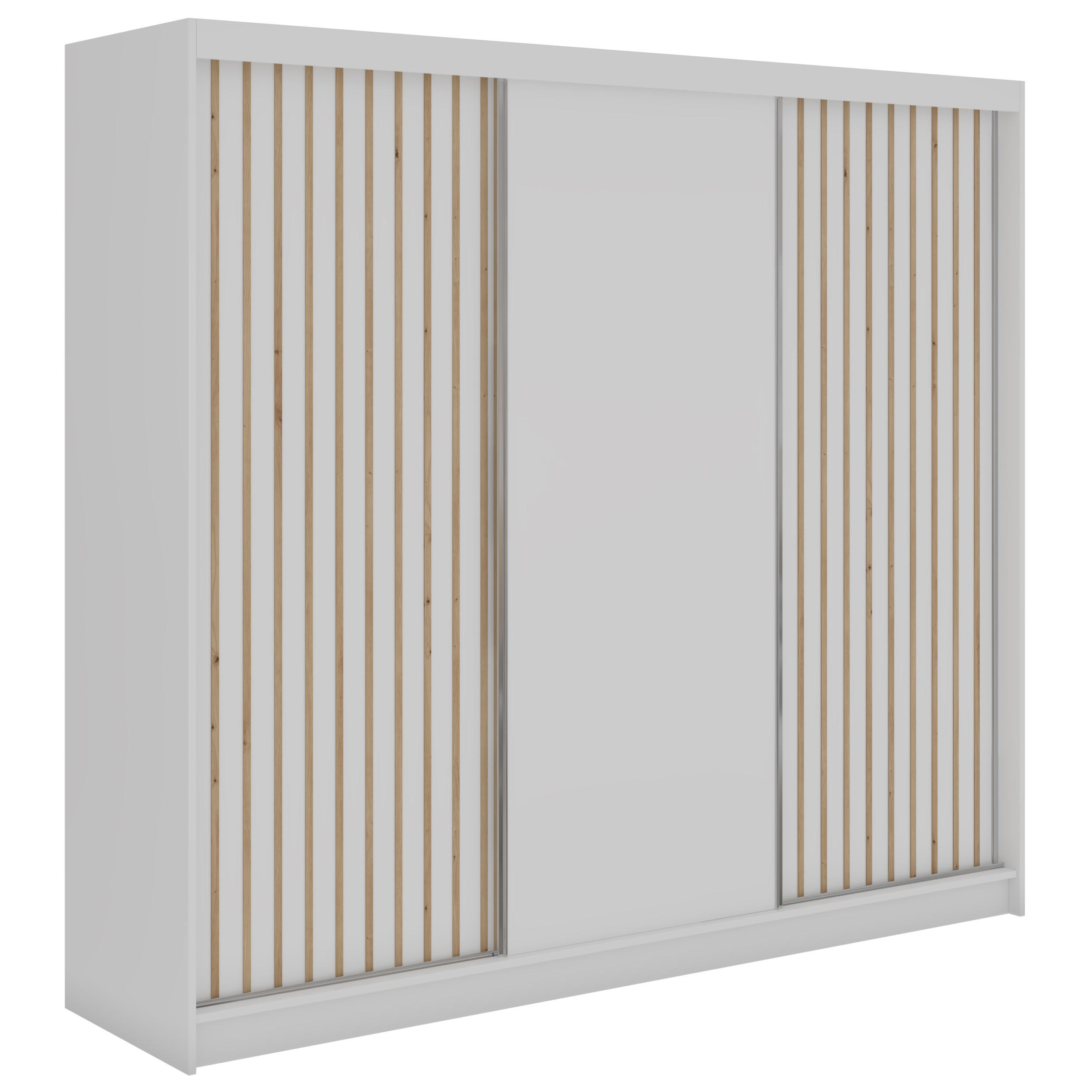 SCHWEBETÜRENSCHRANK mit Lamellen und Schubladen LUMOS - 240 - Weiß und Eiche Artisan - Alufarben/Weiß, Holzwerkstoff/Metall (240/216/61cm) - MKS