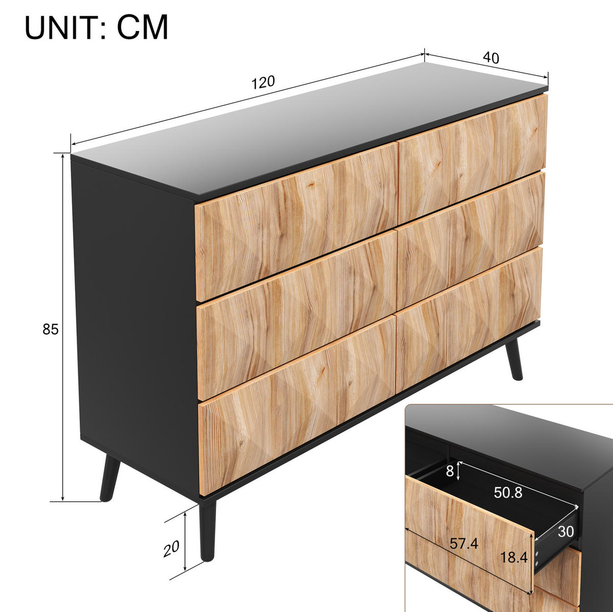 SIDEBOARD aus MDF/Spanplatte in Schwarz und Holzoptik mit 6 Schubladen, 120/40/85 cm,Naturfarben - Naturfarben, Holzwerkstoff (40/85/120cm) - Redom