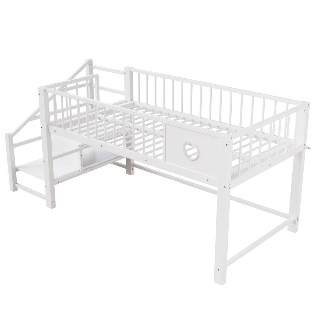 HALBHOCHBETT 90/200 cm Weiß aus Metall mit Stauraumleiter - Weiß, Holzwerkstoff (90/200cm) - OKWISH