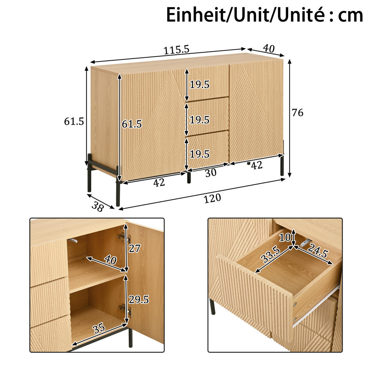 SIDEBOARD 115,5/40/76 cm mit geometrischen Türen, Schubladen und Eisenbeinen, MDF, Natur - Naturfarben, Holzwerkstoff (115.5/76/40cm) - Redom