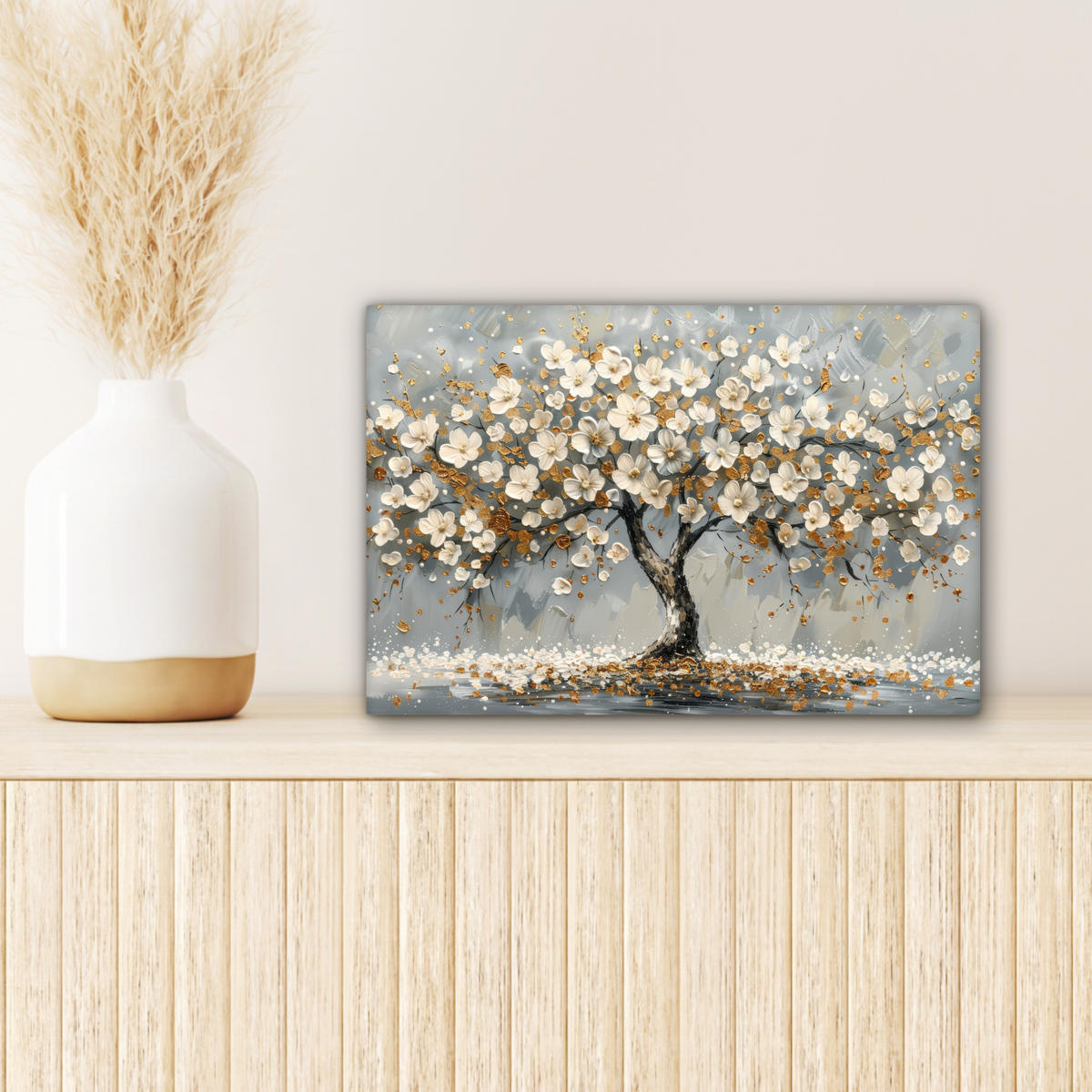 LEINWANDBILD Baum - Blumen - Weiß - Natur - Kunst 30x20 cm - Weiß, Textil (30/20cm) - MuchoWow