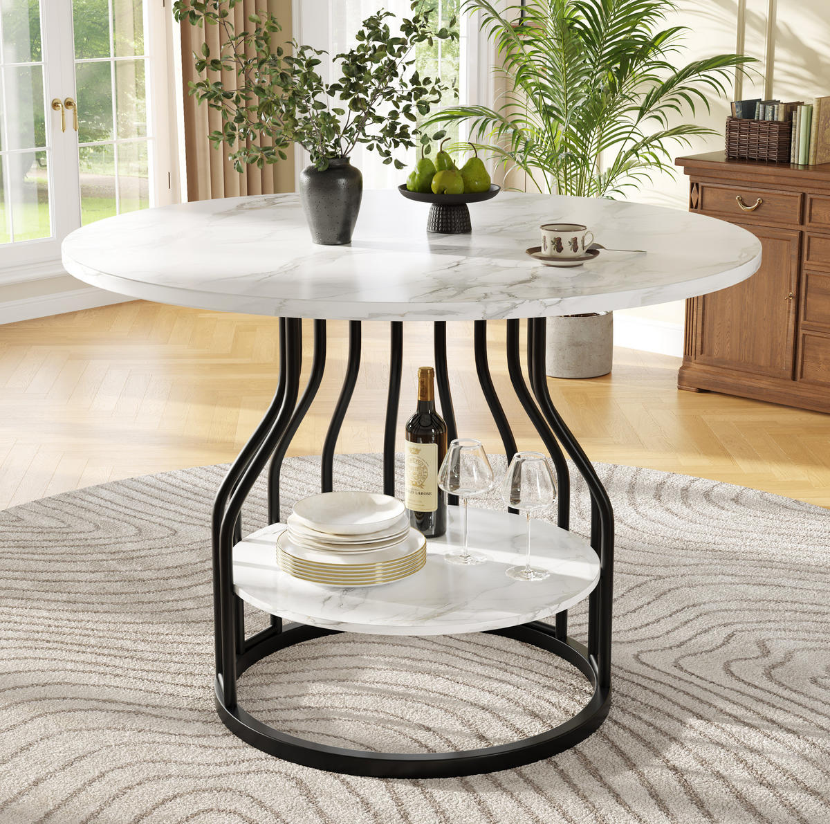 ESSTISCH 80x80x76 cm in Weiß und Schwarz aus MDF mit Marmoroptik und Stauraum - Weiß, Holzwerkstoff (80/80/76cm) - Modfu