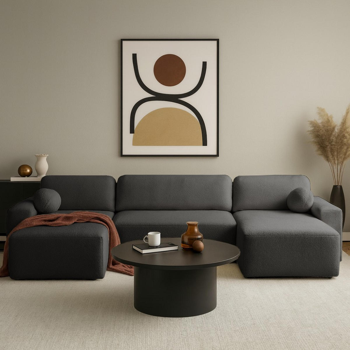 WOHNLANDSCHAFT Noel mit Schlaffunktion, Schwarz, Bouclé-Stoff - Schwarz, Holzwerkstoff (375/93/163cm) - Beautysofa