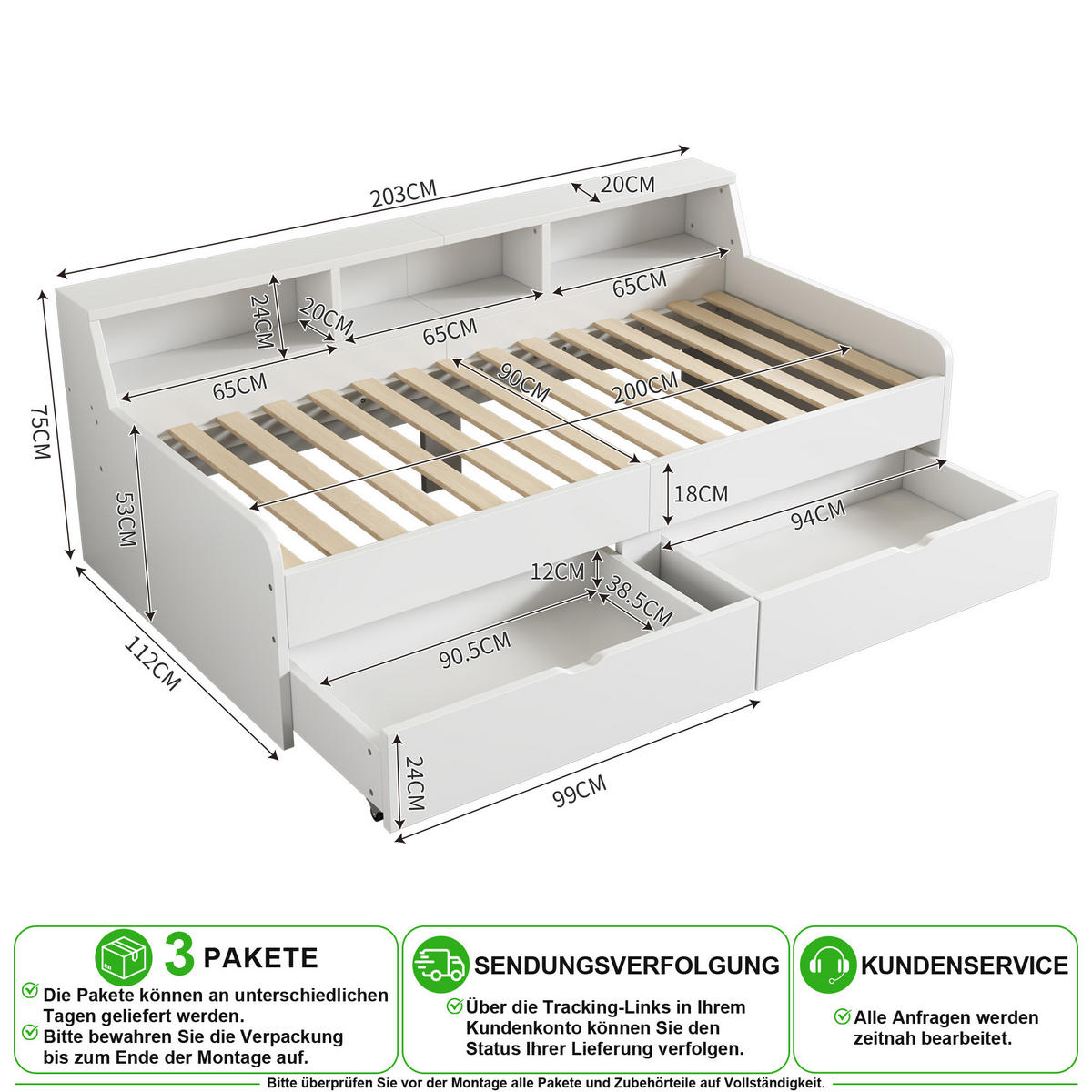 POSTEL 90/200 cm v bílé barvě se 2 zásuvkami a odkládacími přihrádkami - bílá, dřevo/kompozitní dřevo (90/200cm) - CHICFURN
