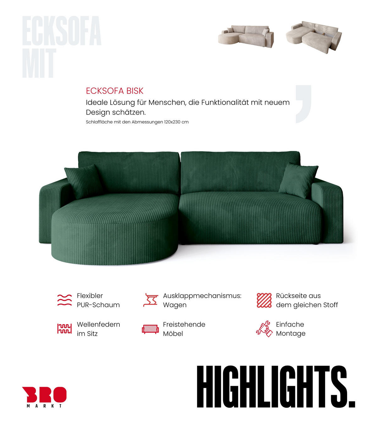 ECKSOFA Bisk mit Schlaffunktion Flaschengrün Cordstoff - Dunkelgrün, Textil (275/170cm) - Bromarkt