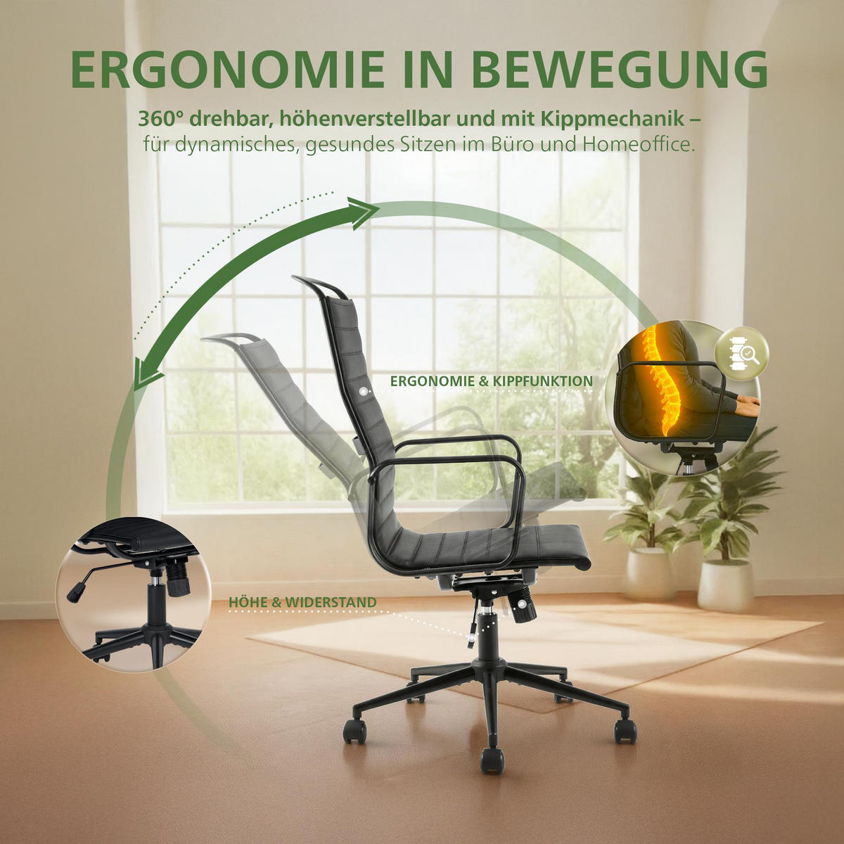 DREHSTUHL Lederlook Schwarz - Schwarz, Textil/Metall (65/120/70cm) - CLP