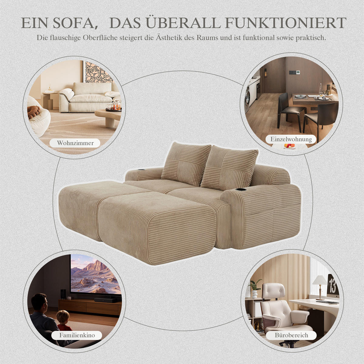 MODULARES 2-Sitzer Cordsofa mit 2 Hockern Getränkehalter und Seitentasche 200/174/80 cm Sandfarben - Sandfarben, Textil (174/80/200cm) - Redom
