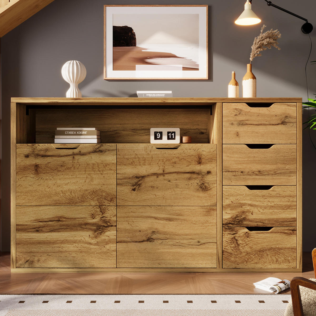 SIDEBOARD 150/40/90 cm mit 2 Türen, 4 Schubladen, offenem Fach und verstellbaren Einlegeböden, Eichefarben - Eichefarben, Holzwerkstoff (150/90/40cm) - Redom