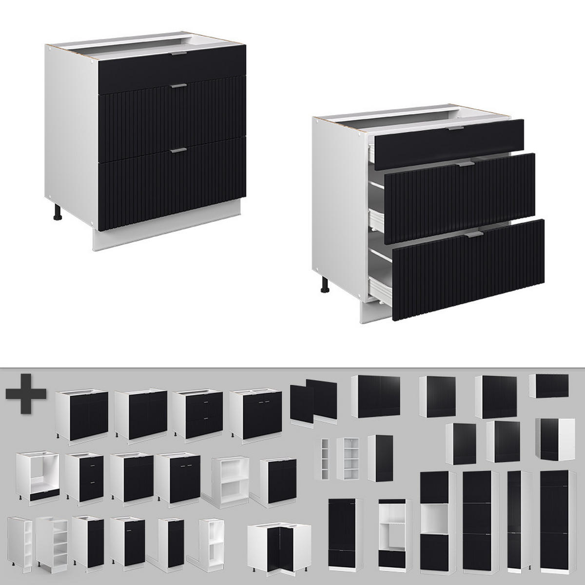 KÜCHENUNTERSCHRANK Fame-Line, Schwarz gestreift, 80 cm mit 3 Schubladen, AP Eiche - Schwarz/Weiß, Holzwerkstoff (80/82/60cm) - Vicco