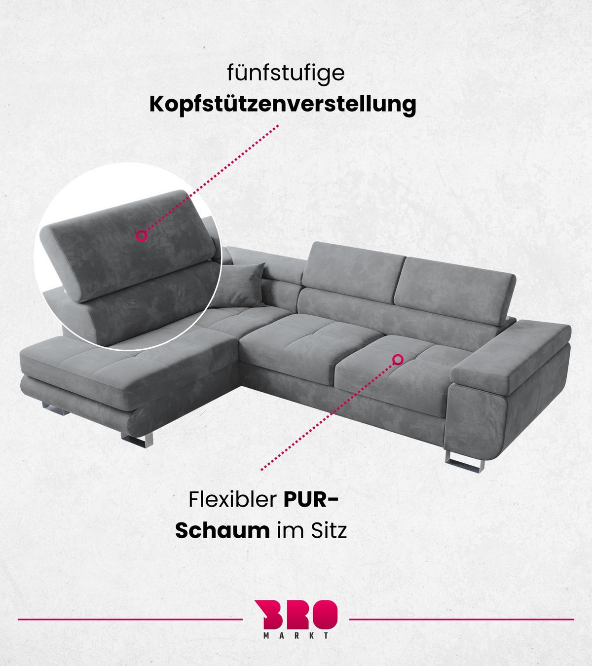 ECKSOFA Anton mit Schlaffunktion Grau Samt - Silberfarben/Grau, Textil/Metall (142/275cm) - Bromarkt