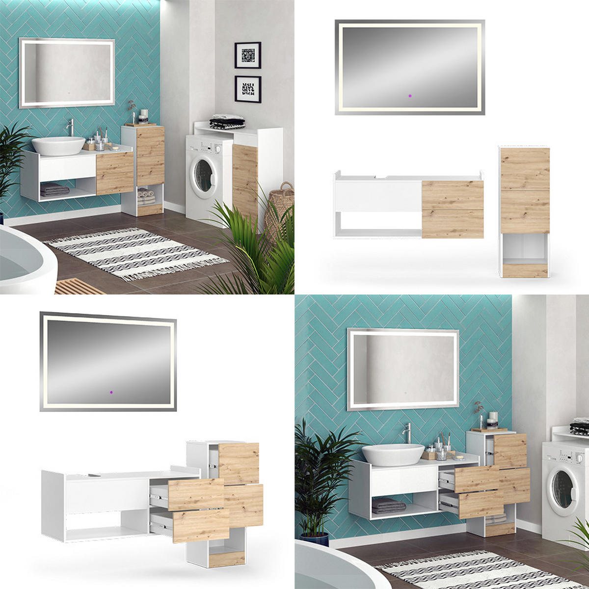 BADMÖBEL-SET Alf Weiß 3 Teile, mit Midischrank - Eichefarben/Weiß, Holzwerkstoff (105/45/43cm) - Vicco