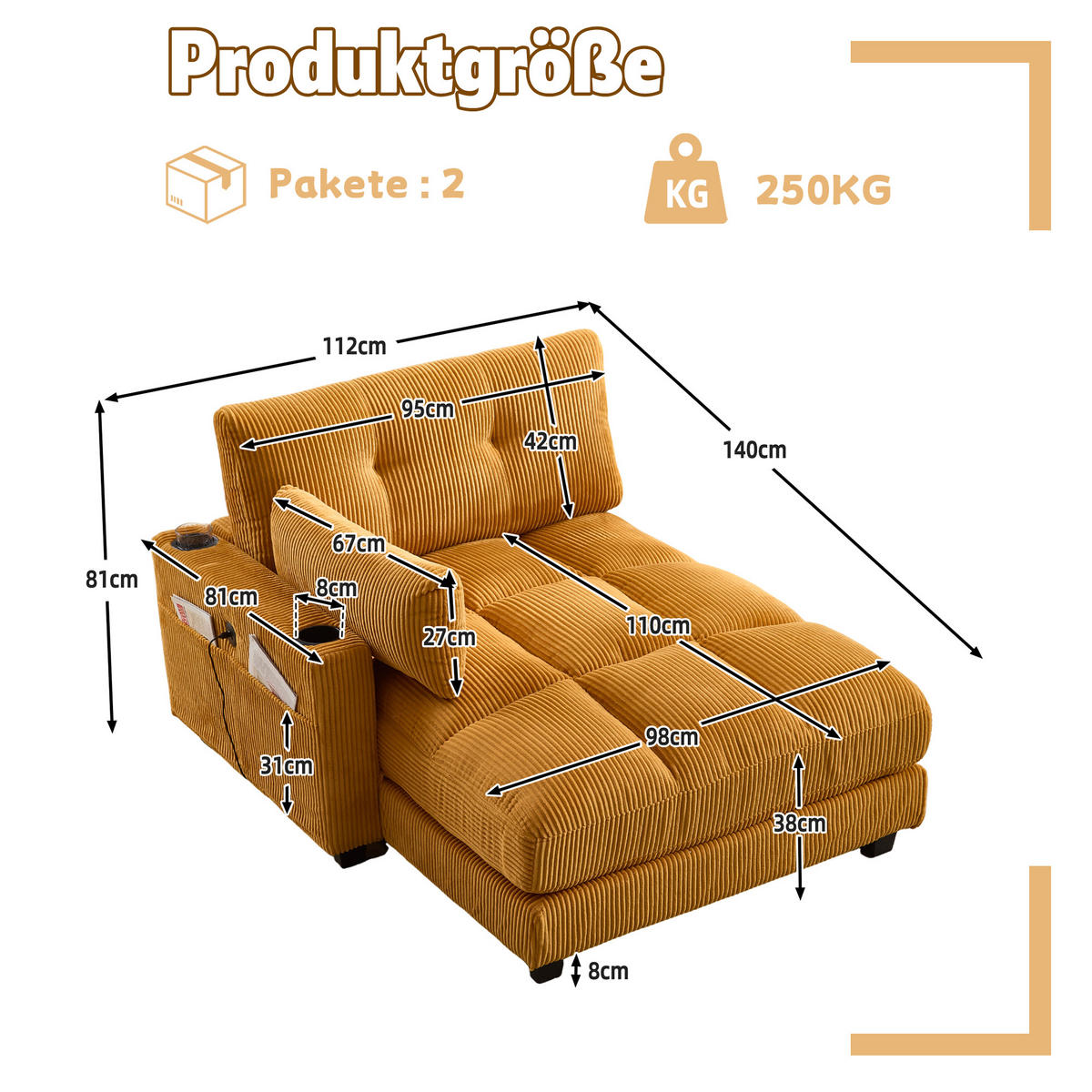 RÉCAMIERE Cord Senfgelb mit USB, Getränkehaltern und Seitentasche - Orange, Holzwerkstoff/Kunststoff (140/81/121cm) - WISHDOR