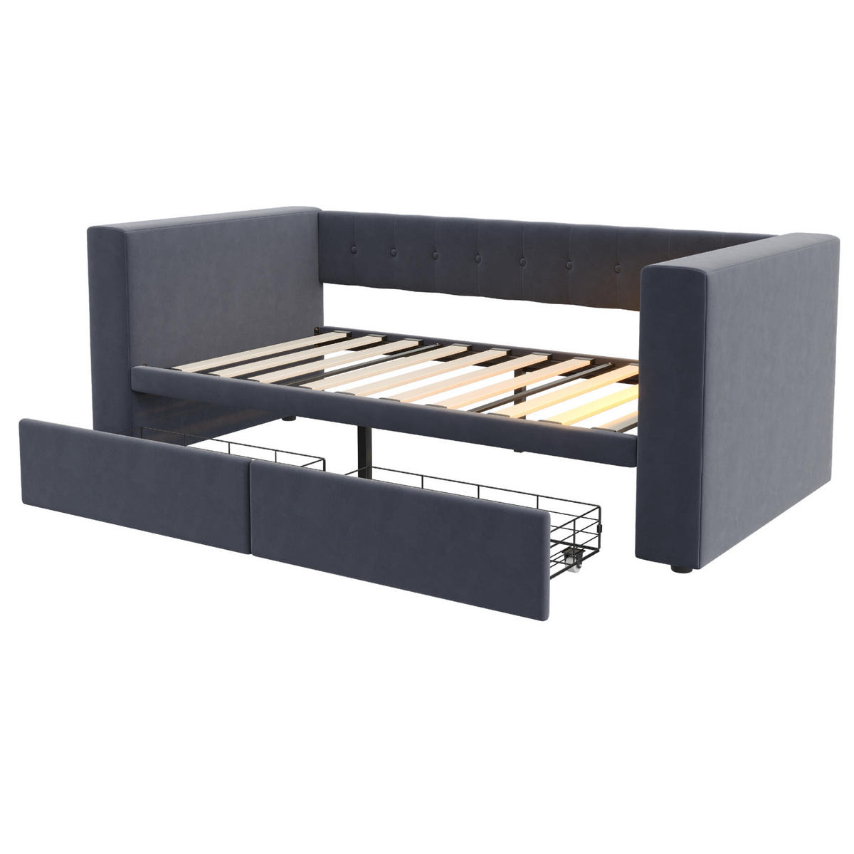 POLSTERBETT aus Flanellstoff 90x190 cm Dunkelgrau mit LED-Beleuchtung, Steckdose und 2 Schubladen - Dunkelgrau, Textil (90/190cm) - Modfu