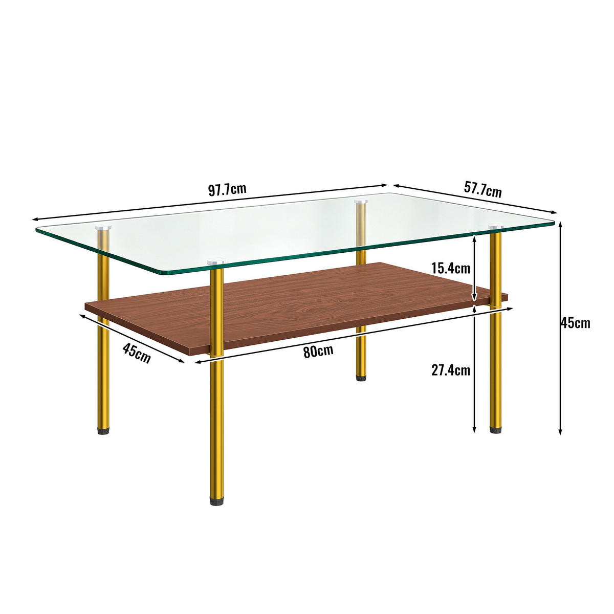 COUCHTISCH DE-37418 rechteckig mit Glasplatte Gold/Braun - Goldfarben/Braun, Metall (98/58/45cm) - ComfortXL