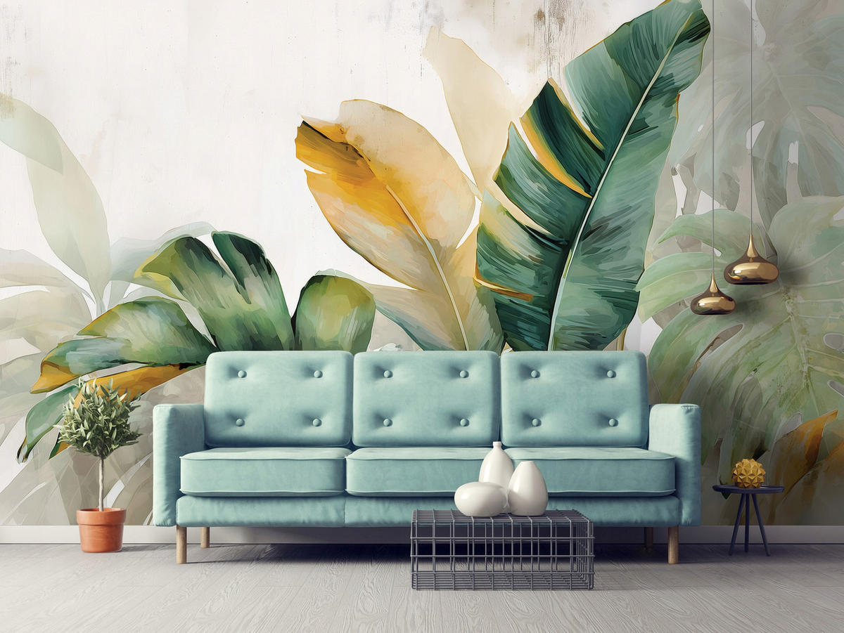 FOTOTAPETE Blätter Beton Grün 250x175 cm - Multicolor, Papier (250/175cm) - Wallarena