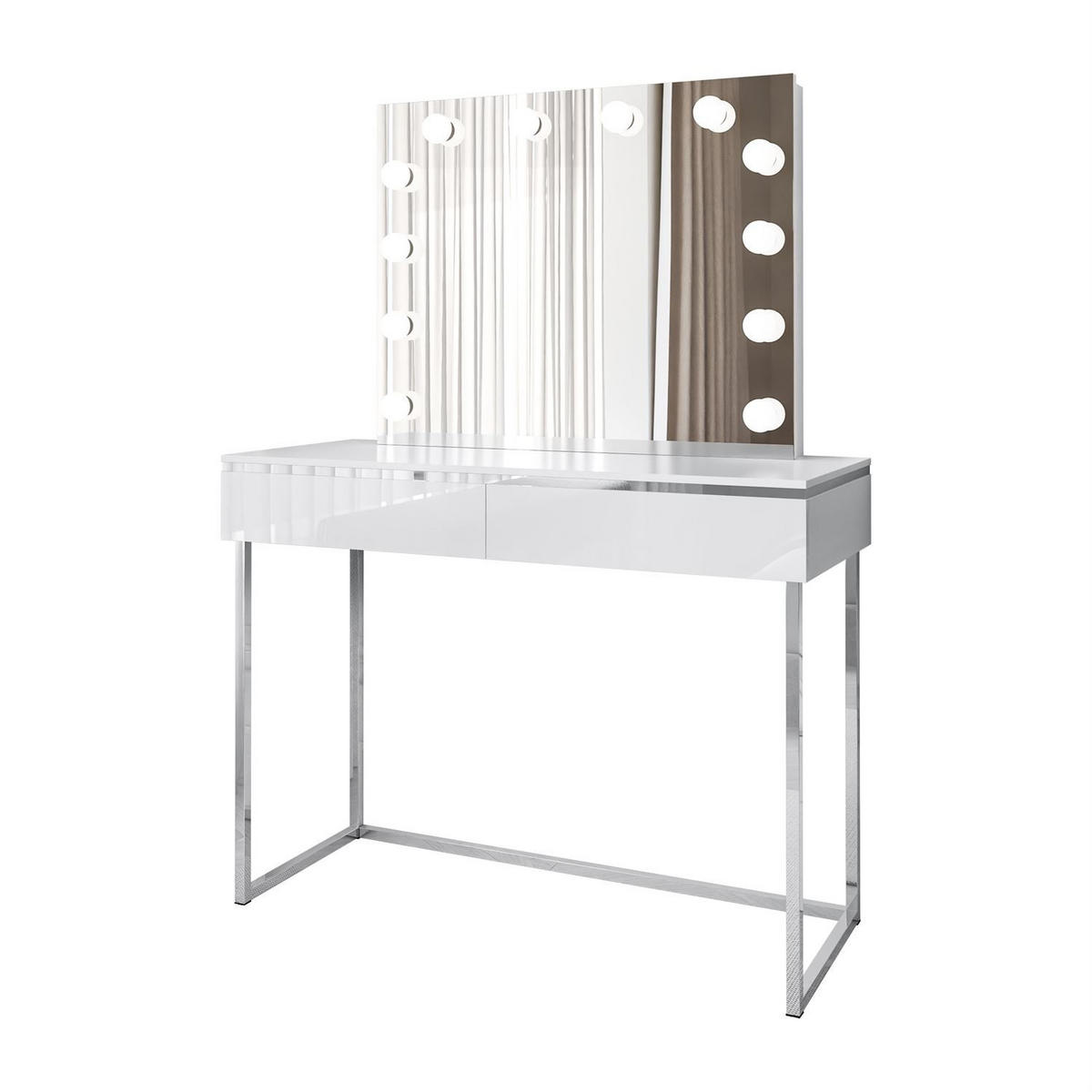 SCHMINKTISCH AURORA SILVER ELITE mit Spiegel Hochglanz Weiß - Weiß Hochglanz, Holzwerkstoff (102/78.5/43.6cm) - Lookway