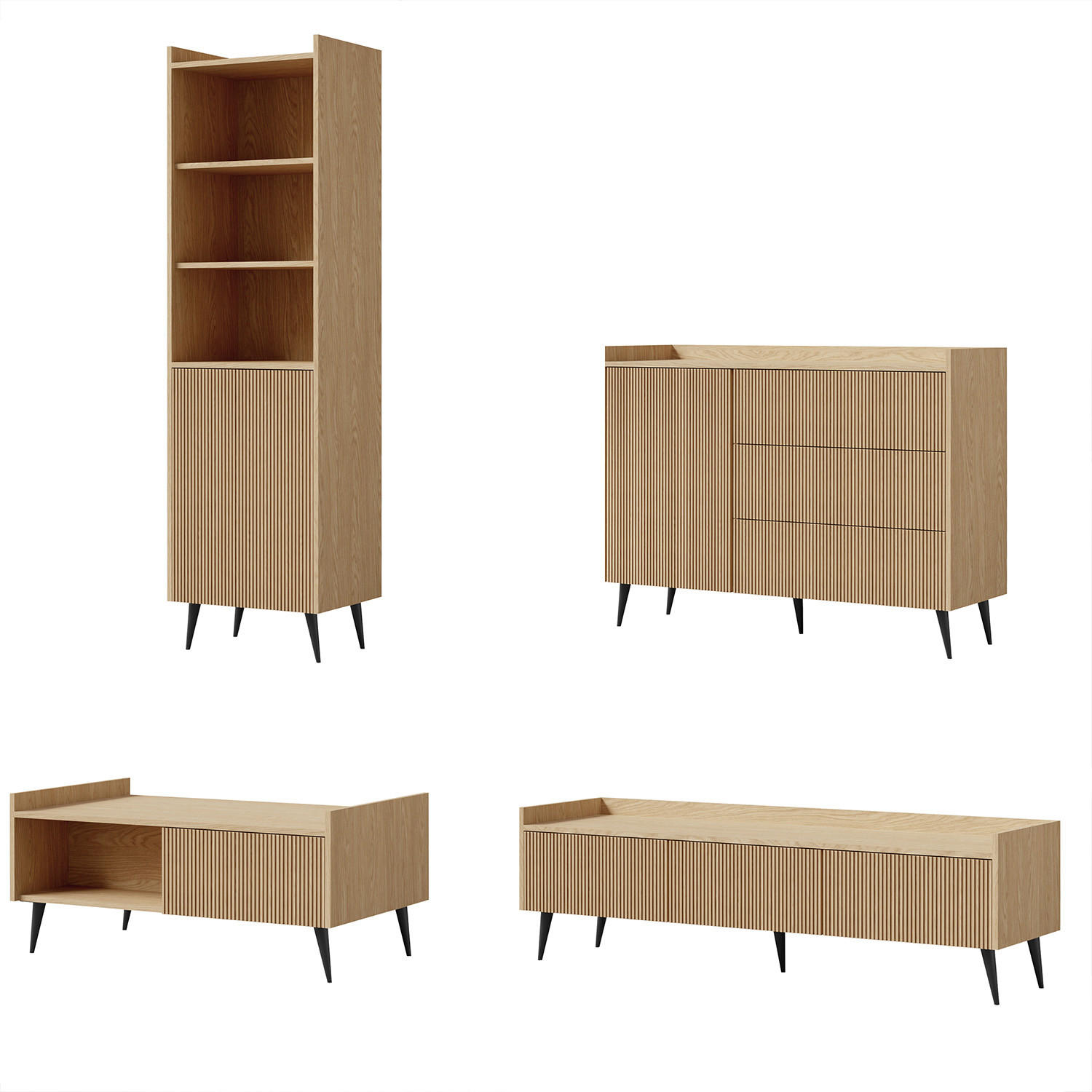 WOHNWAND Amfali 4-teilig –Lowboard, Kommode, Regal und Couchtisch, Push-to-open, Frühlings-Eiche - Eichefarben/Schwarz, Holzwerkstoff/Metall (150/180/41cm) - Beautysofa
