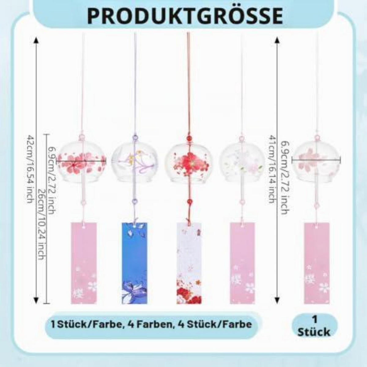WINDSPIEL 5-teiliges Set Glas Kirschblütenmotiv Japanisch - Multicolor, Glas (42/6.9/1cm)