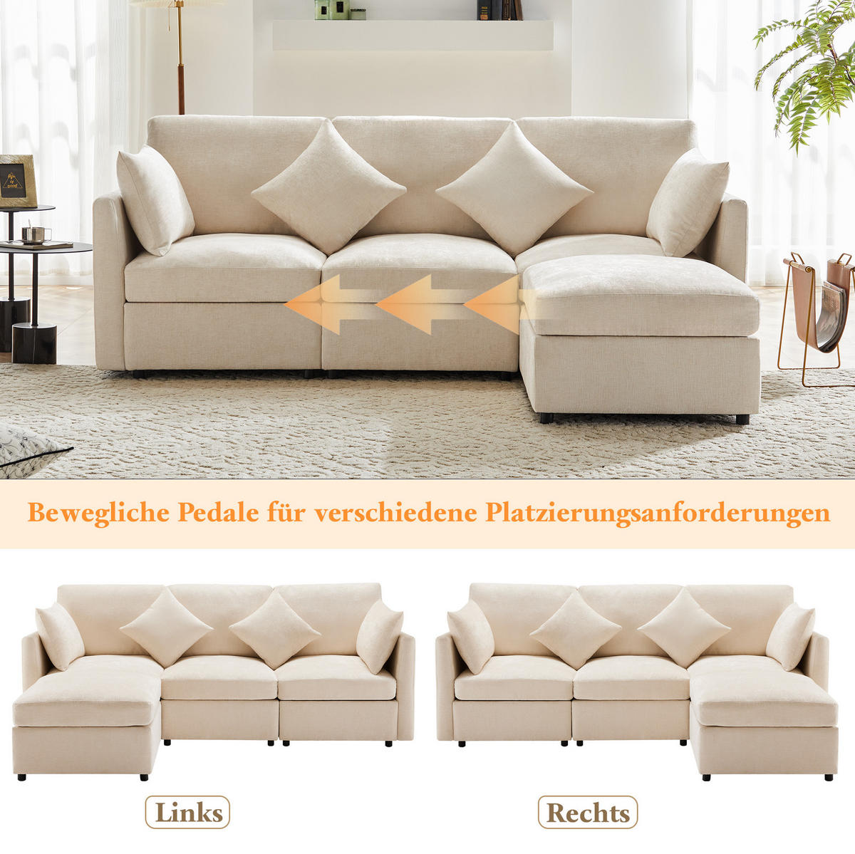 ECKSOFA 216/161/81 cm Beige aus Chenille mit Hocker und 4 Kissen - Beige, Textil (161/216cm) - OKMYHOME