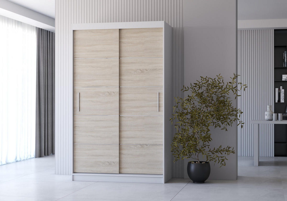 SCHIEBETÜRENSCHRANK - Noah 06 - Weiß + Sonoma - Weiß/Sonoma Eiche, Holzwerkstoff/Metall (120/200/61cm) - Möblo