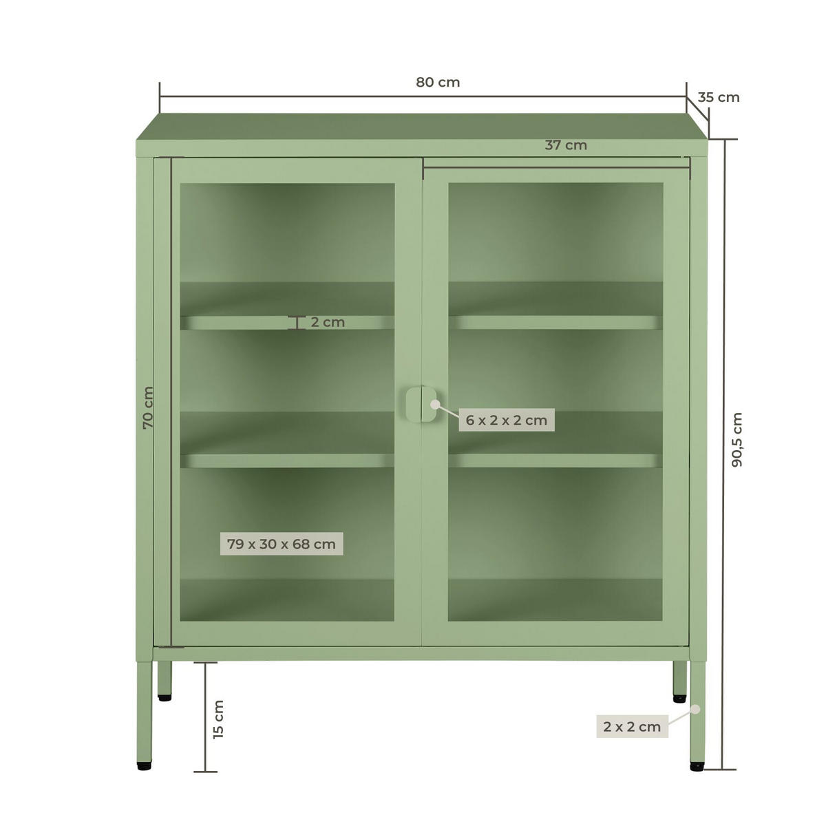 METALLVITRINE Baker, Kippschutz, höhenverstellbare Füße, salbeigrün - Salbeigrün, Metall (80/90.5/37cm) - tectake