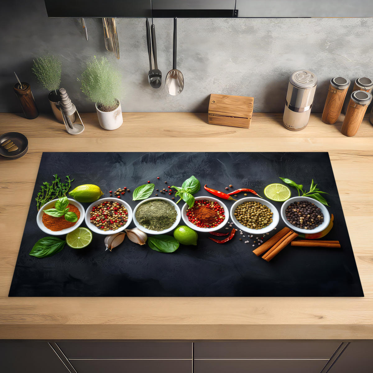 HERDABDECKPLATTE Kräuter - Gewürze - Konkrete Optik - Stilleben Ceranfeldabdeckung 90x52 cm - Multicolor, Kunststoff (90/52/0.2cm) - MuchoWow