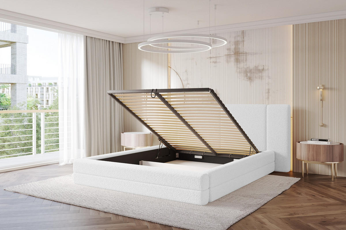 POLSTERBETT mit Bettkasten und Lattenrost, Bett mit Matratze H3/H4 - TEVO 160x200 Weiß - Weiß, Holzwerkstoff/Textil (160/200cm) - ALTDECOR