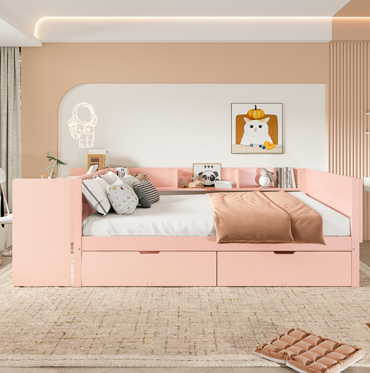 KINDERBETT aus Kiefer und Spanplatte 140x200 cm Weiß/Rosa mit Schreibtisch, 2 Schubladen und 3 Regalen - Rosa, Holzwerkstoff (140/200cm) - Modfu
