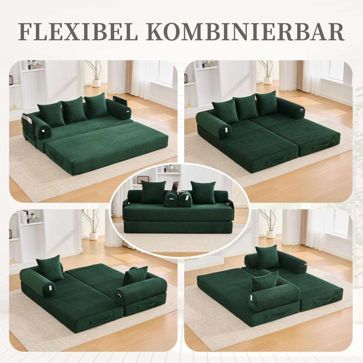 SCHLAFSOFA, Modulares Tagesbett mit Metallgestell, Klappbares Bodensofa Cordstoff, Grün - Grün, Textil (94/67/200cm) - LVHOM