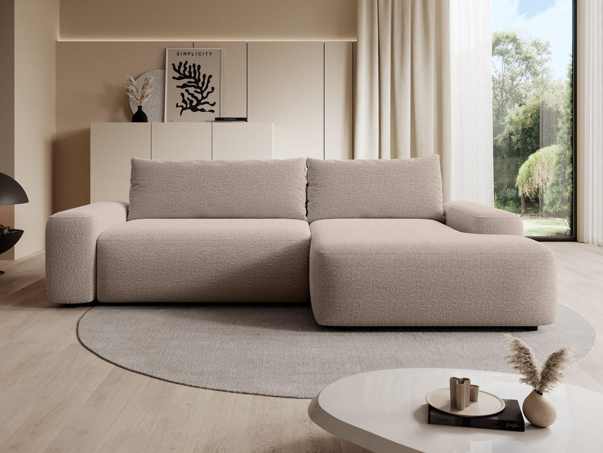 ECKSOFA RUOTA Beige Boucle-Stoff mit Schlaffunktion - Beige, Holz (264/162cm) - MASSENO