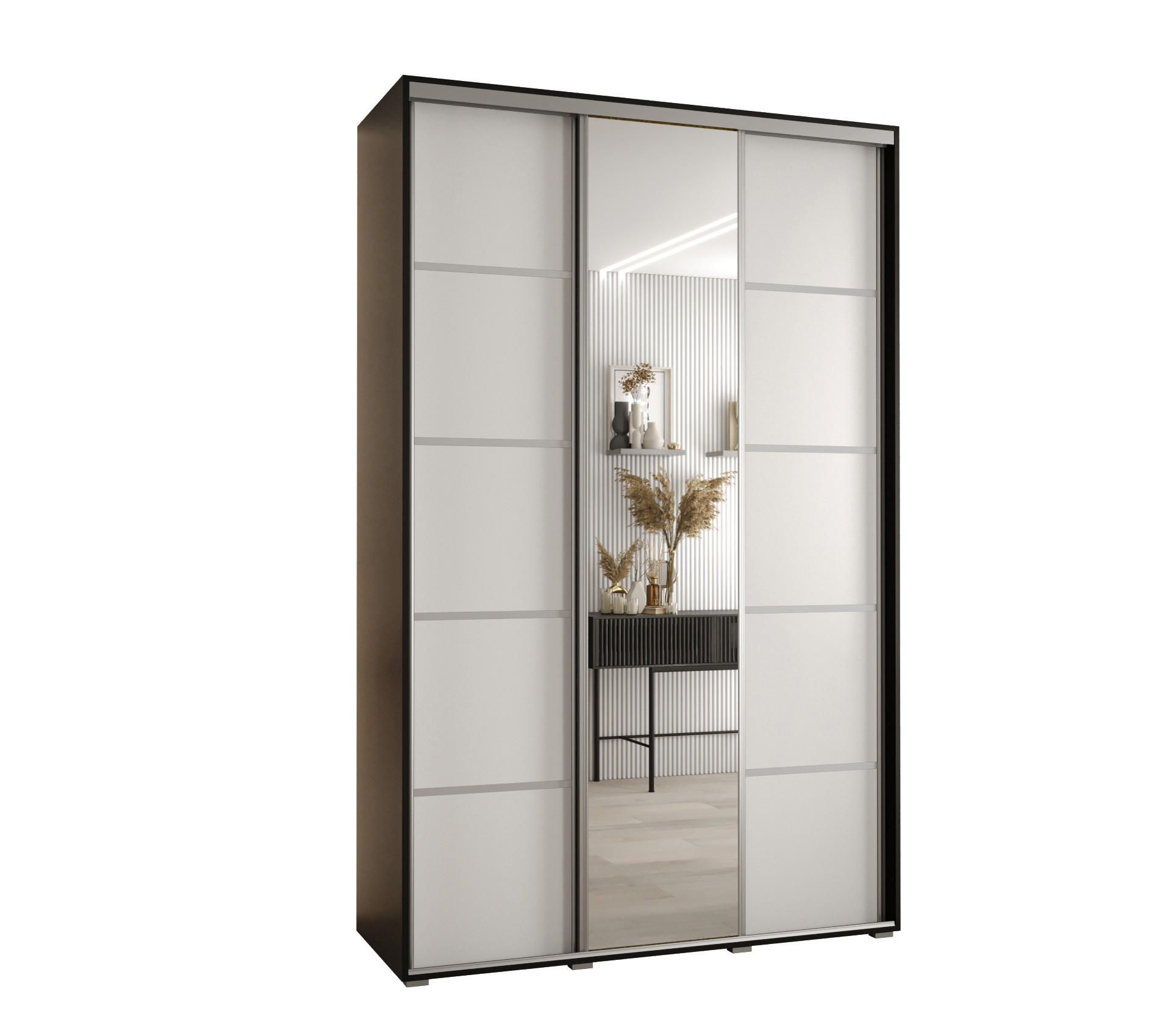 Abiks Möbel Schwebetürenschrank Schwarz, Weiß, Silber 150x235x45 cm