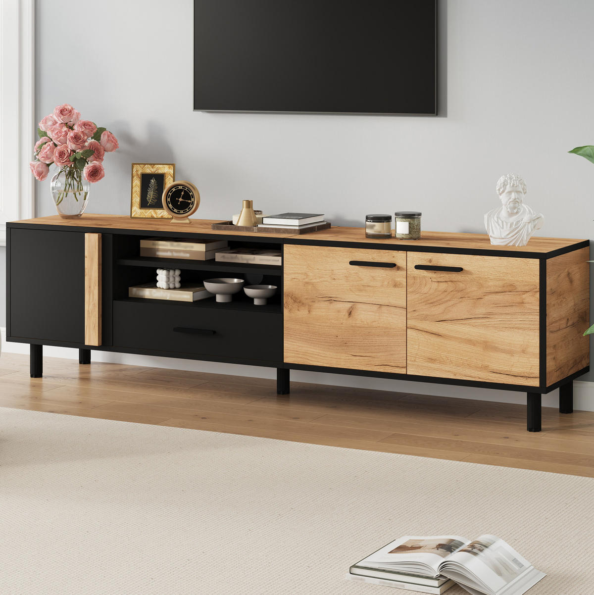 TV-LOWBOARD 180/32,5/50 cm mit 3 Türen, 1 Schublade und offenem Fach aus Spanplatte, Schwarz/Holzoptik - Schwarz, Holzwerkstoff (180/50/32.5cm) - Redom