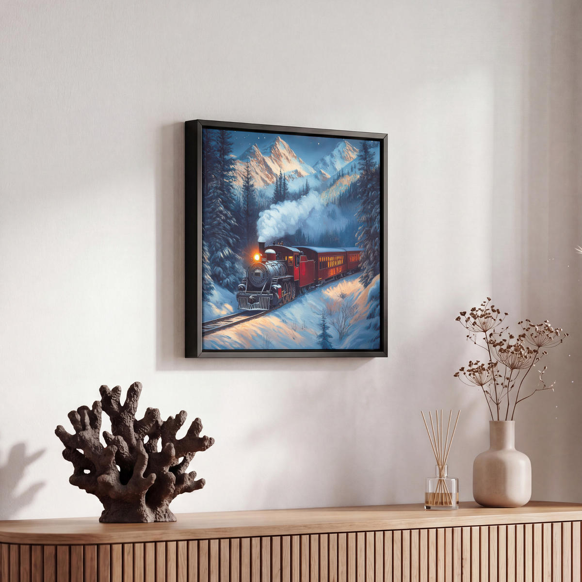 LEINWAND Bilder mit Rahmen - Zug - Weihnachten - Schnee - Weihnachtszug - 20x20 - Anthrazit, Textil (20/20cm) - MuchoWow