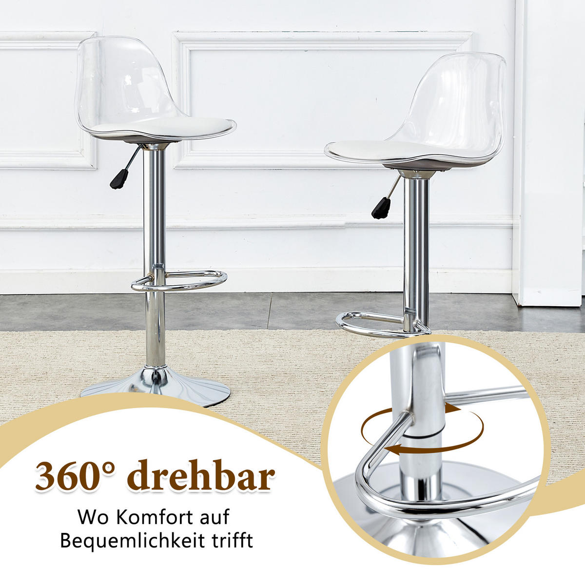 BARTISCH-SET DE-39347 3-teilig, Glastisch und 2 Hocker Silber - Silberfarben, Metall (89/92/89cm) - ComfortXL