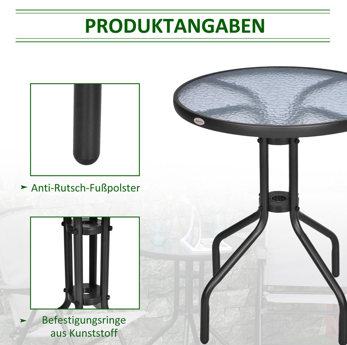 GARTENTISCH 60/60/70 cm aus Metall mit Sicherheitsglas, rund und pflegeleicht, Schwarz - Schwarz, Metall (60/60/70cm) - Redom