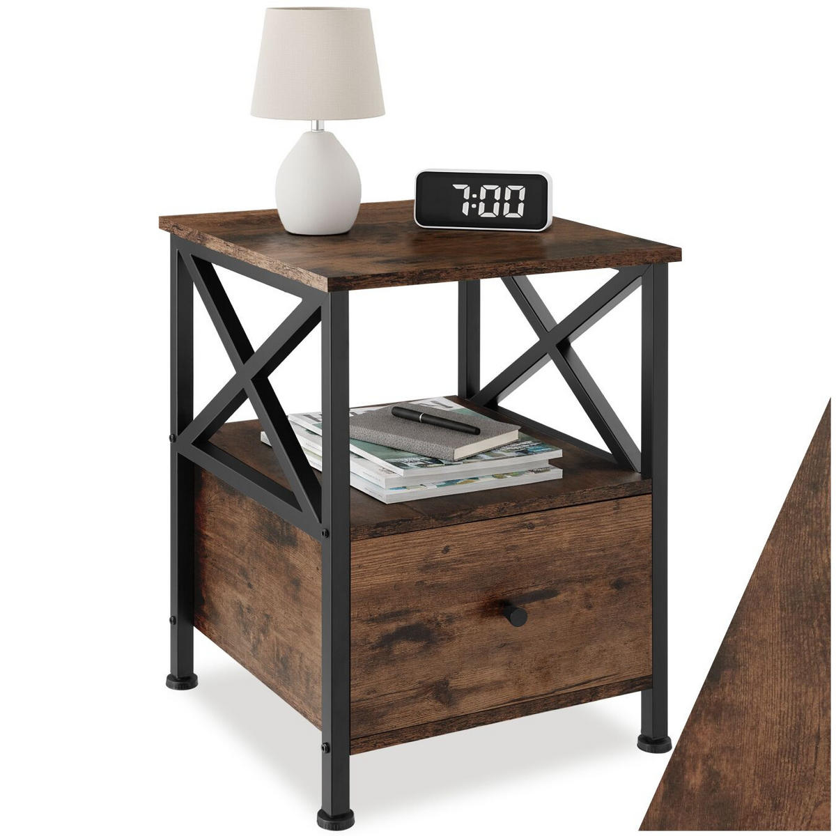 NACHTSCHRANK Falkirk, 40 x 41,5 x 55,5 cm, Industrial Holz dunkel, rustikal - Rostfarben, Holzwerkstoff (40/55.5/41.5cm) - tectake