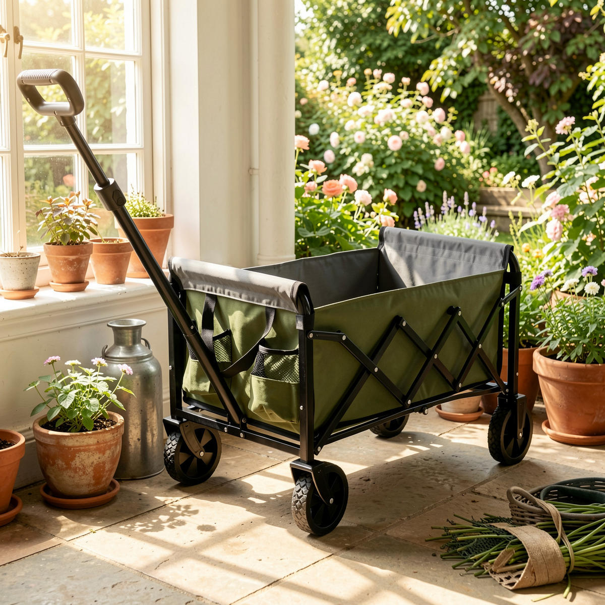 GARTENWAGEN Leichter 66 cm Army Grün – Klappbarer Outdoor Transportwagen mit All-Terrain Rädern - Grün, Metall (66/45/41cm) - Urban Meuble